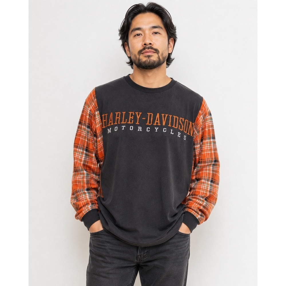 Upcycled Harley Davidson Shirt XL, Reworked T Shirt, Orange Plaid Flannel